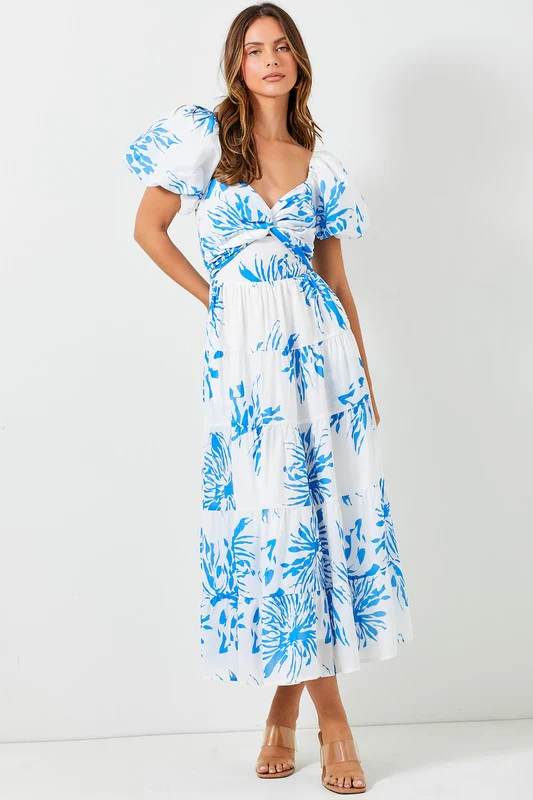 Devin Short Puff Sleeve Floral Print Maxi Dress White