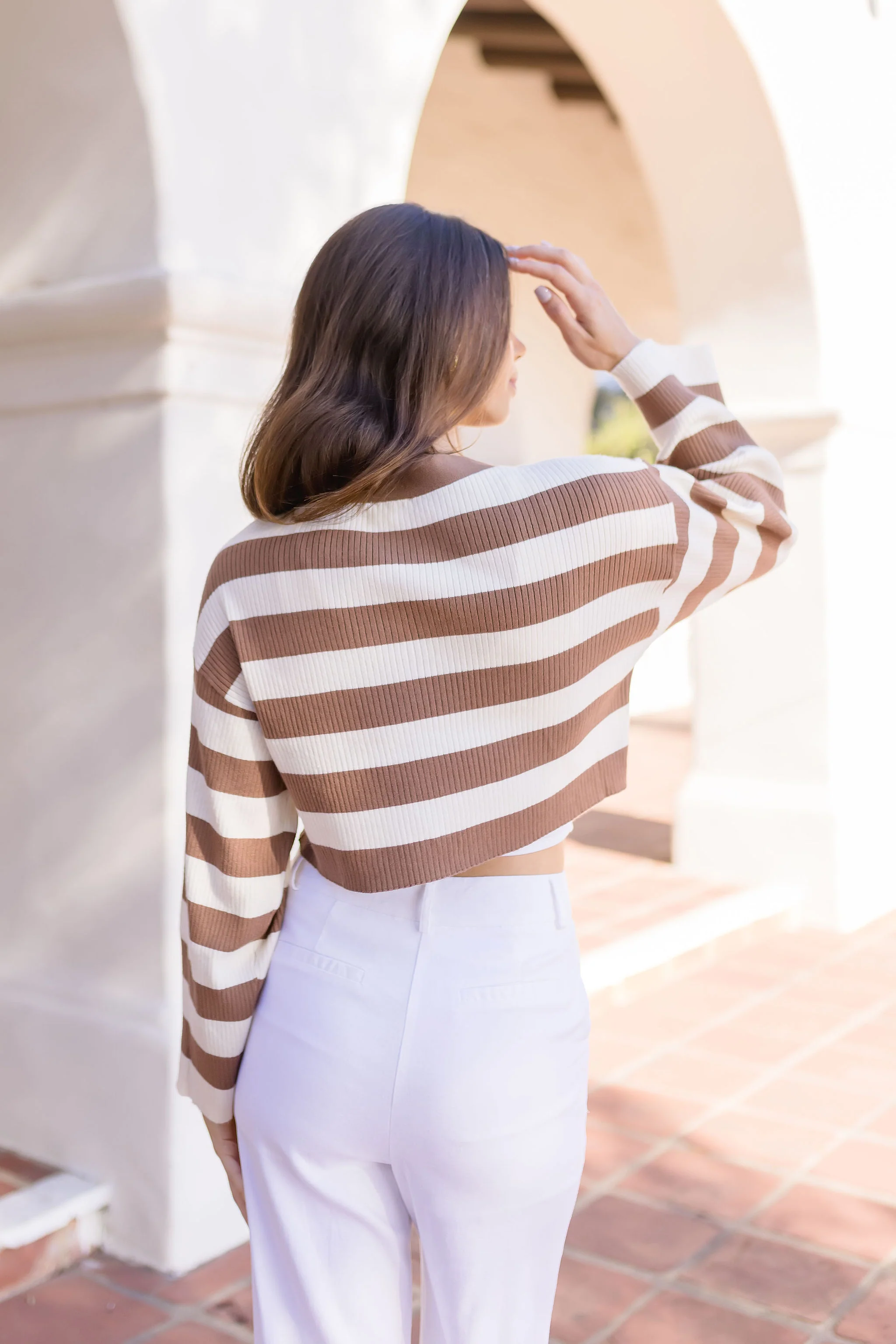 Leticia Long Sleeve Stripe Print Cropped Cardigan Taupe