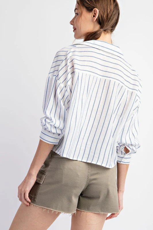 Hadley Long Sleeve Button Down Stripe Print Crop Top Blue