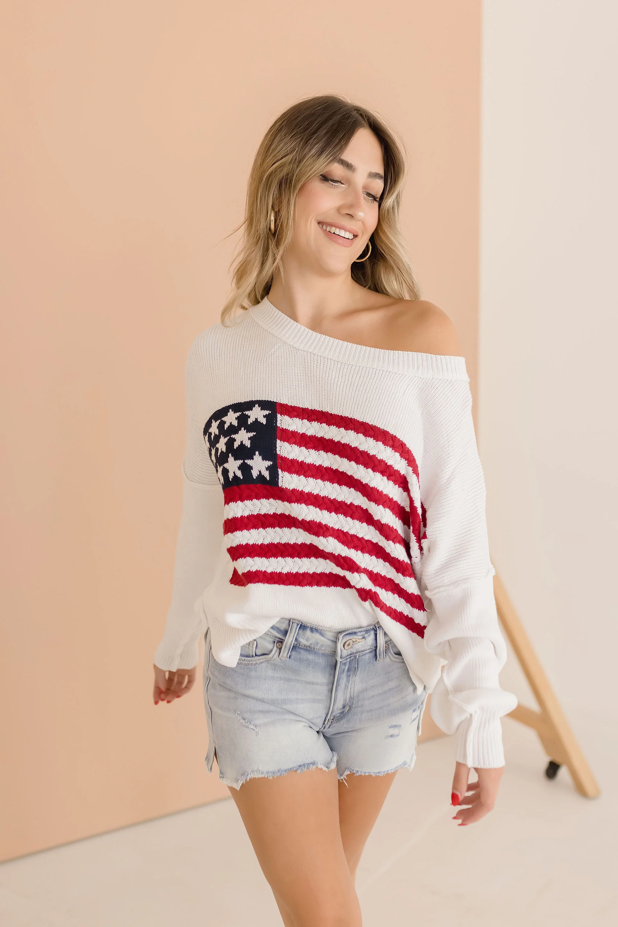 America Flag Print Sweater Top White