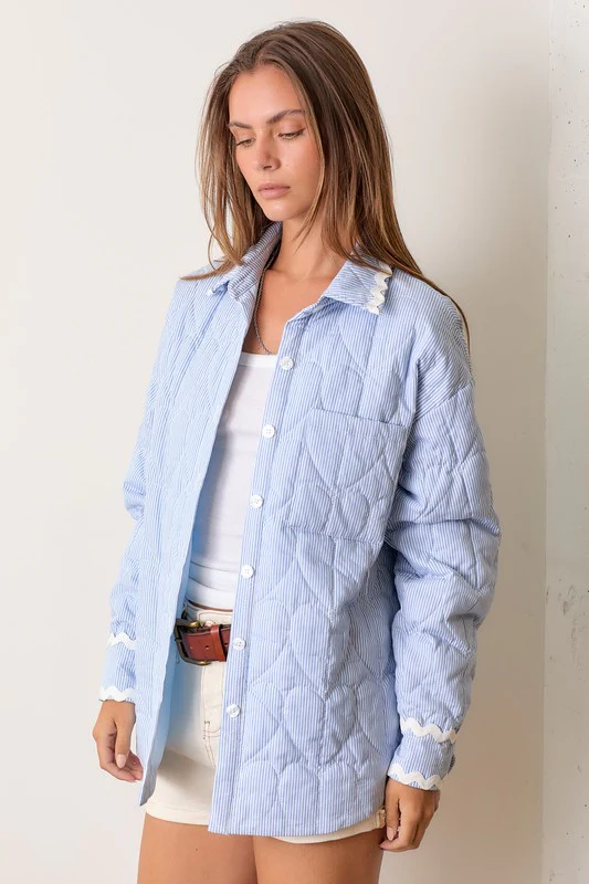 Waitlist 10/2 ♥ Caylee Long Sleeve Stripe Print Button Down Quilted Jacket Blue
