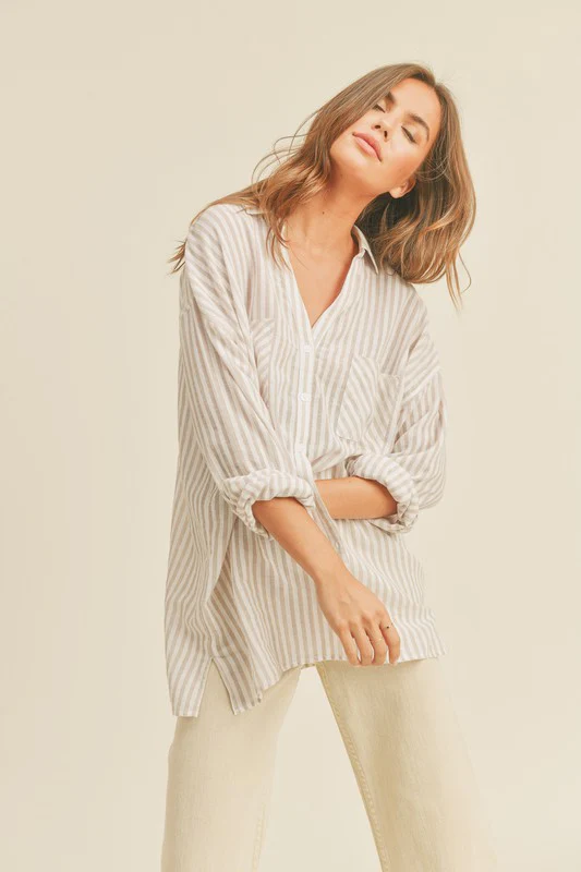 Waitlist 8/31 ♥ Chandler Long Sleeve Stripe Print Button Down Top Beige
