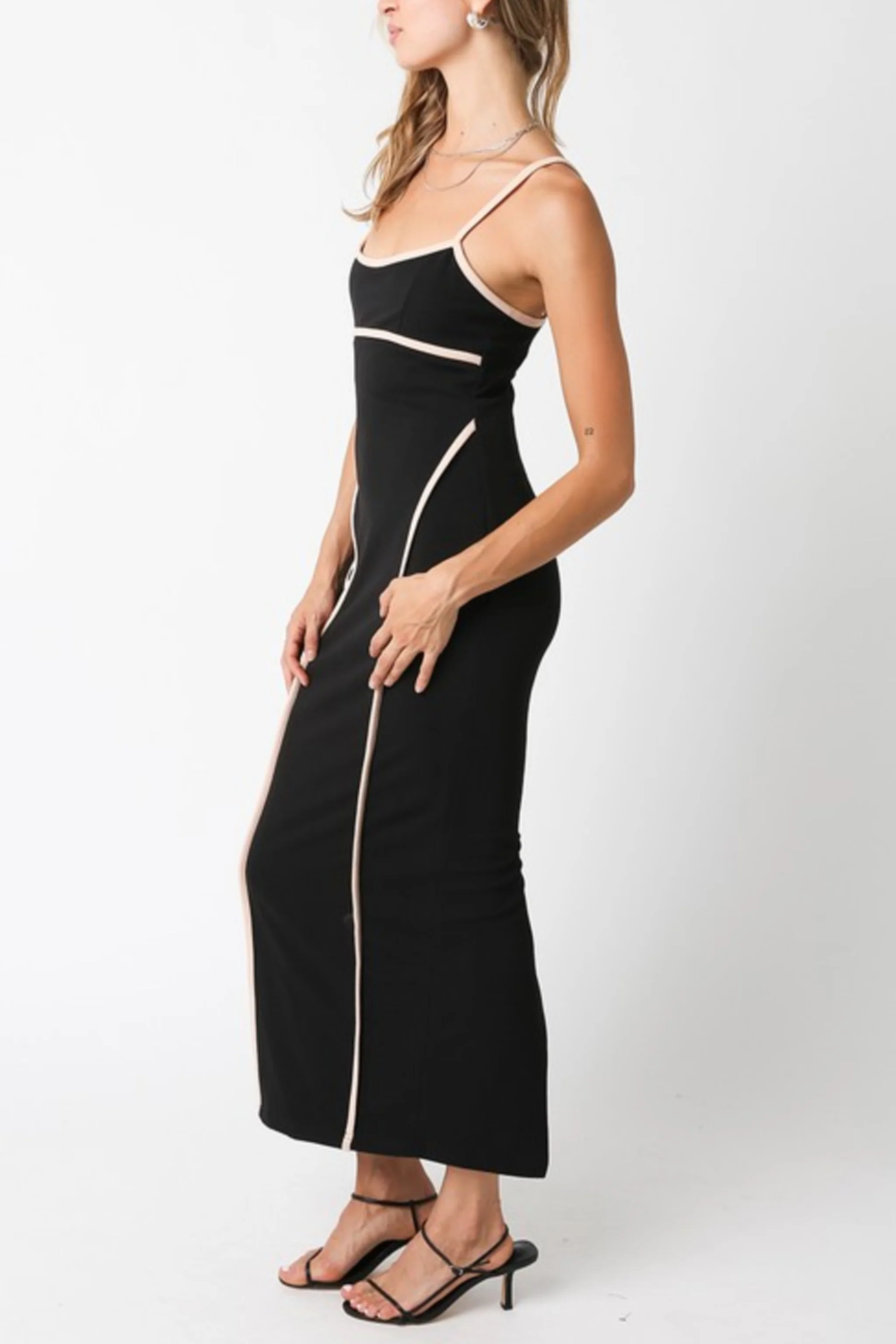 Addy Sleeveless Contrast Stitching Midi Dress Black