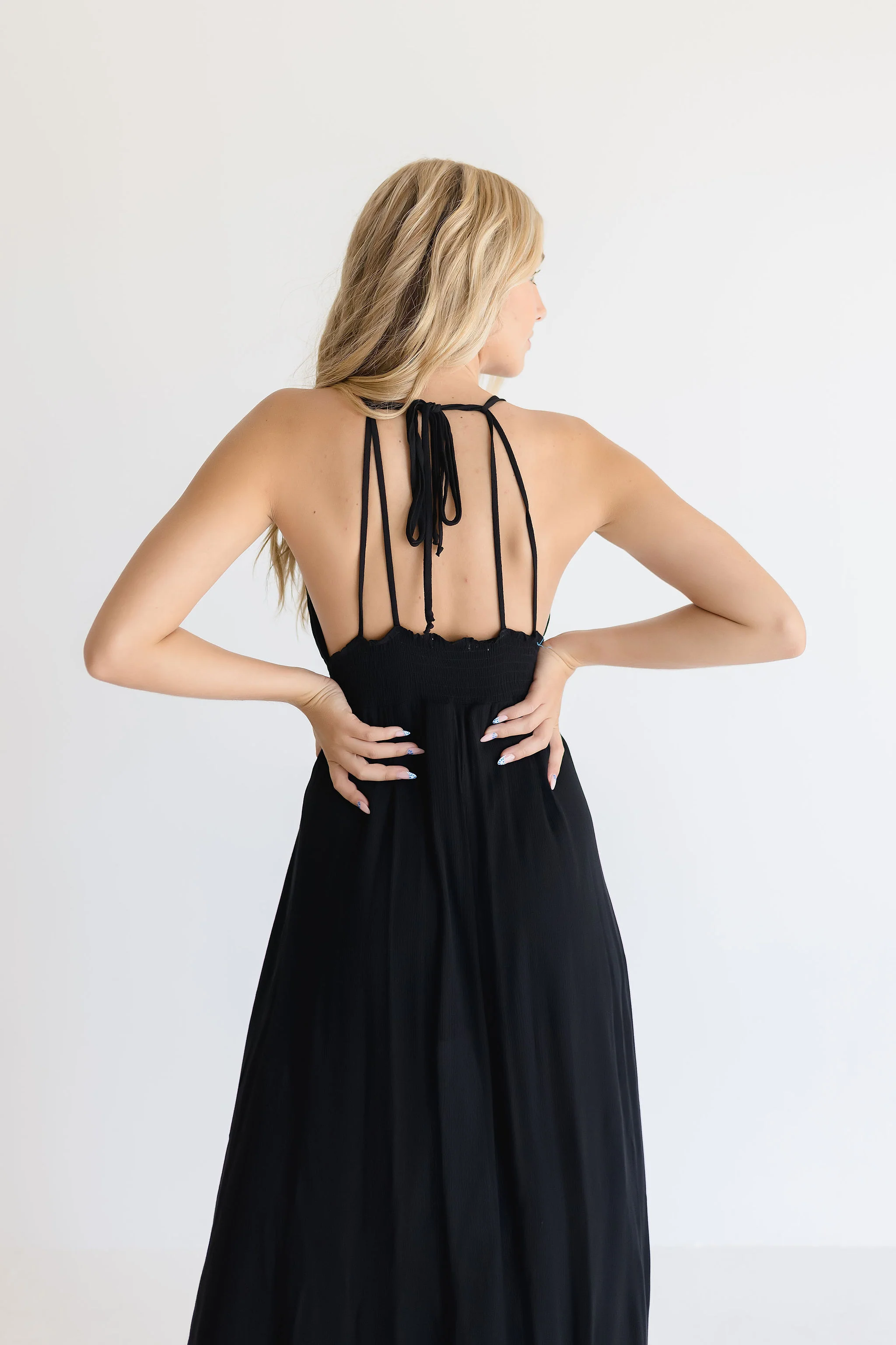 Astrid Open Back Halter Tie Maxi Dress Black