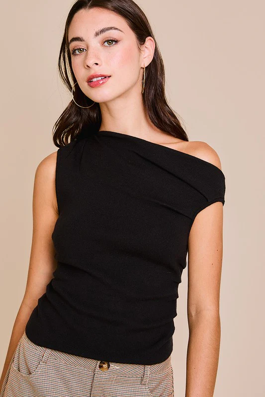 Waitlist 10/5 ♥ Ella Sleeveless Asymmetrical Neckline Top Black