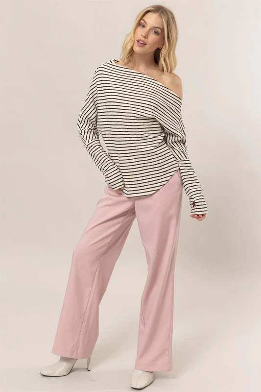 Carla Long Sleeve One Shoulder Striped Sweater Top Cream