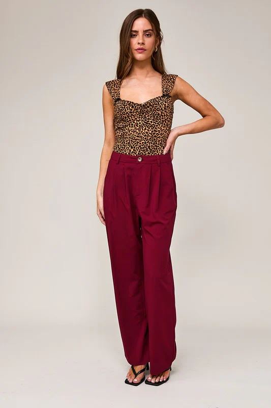 Waitlist 9/4 ♥ Rosie Sleeveless Ribbon Trim Leopard Print Bodysuit Brown