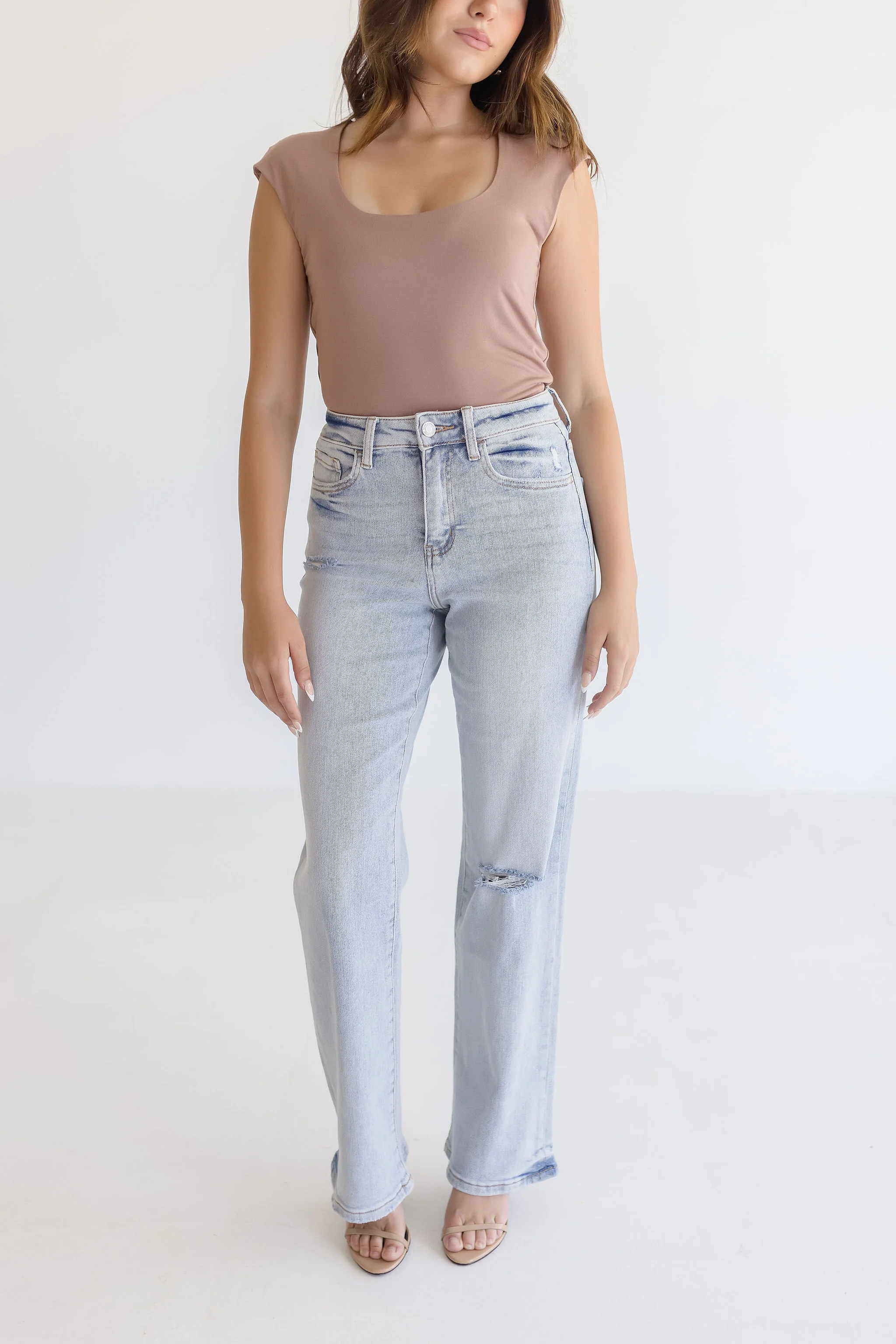 Alana High Rise Distressed Flare Leg Jeans Light Wash