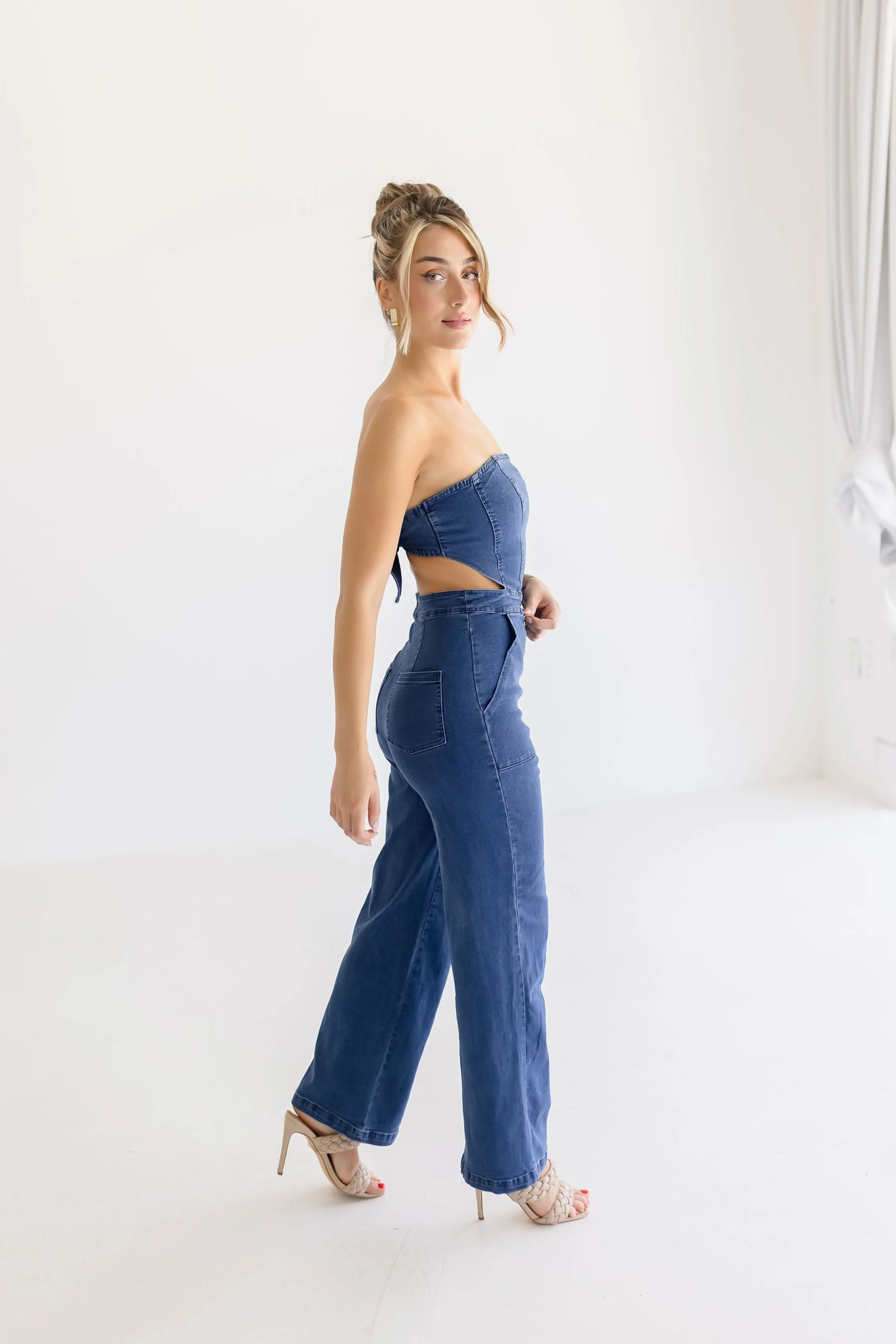 Charli Sleeveless Back Tie Wide Leg Denim Jumpsuit Dark Wash