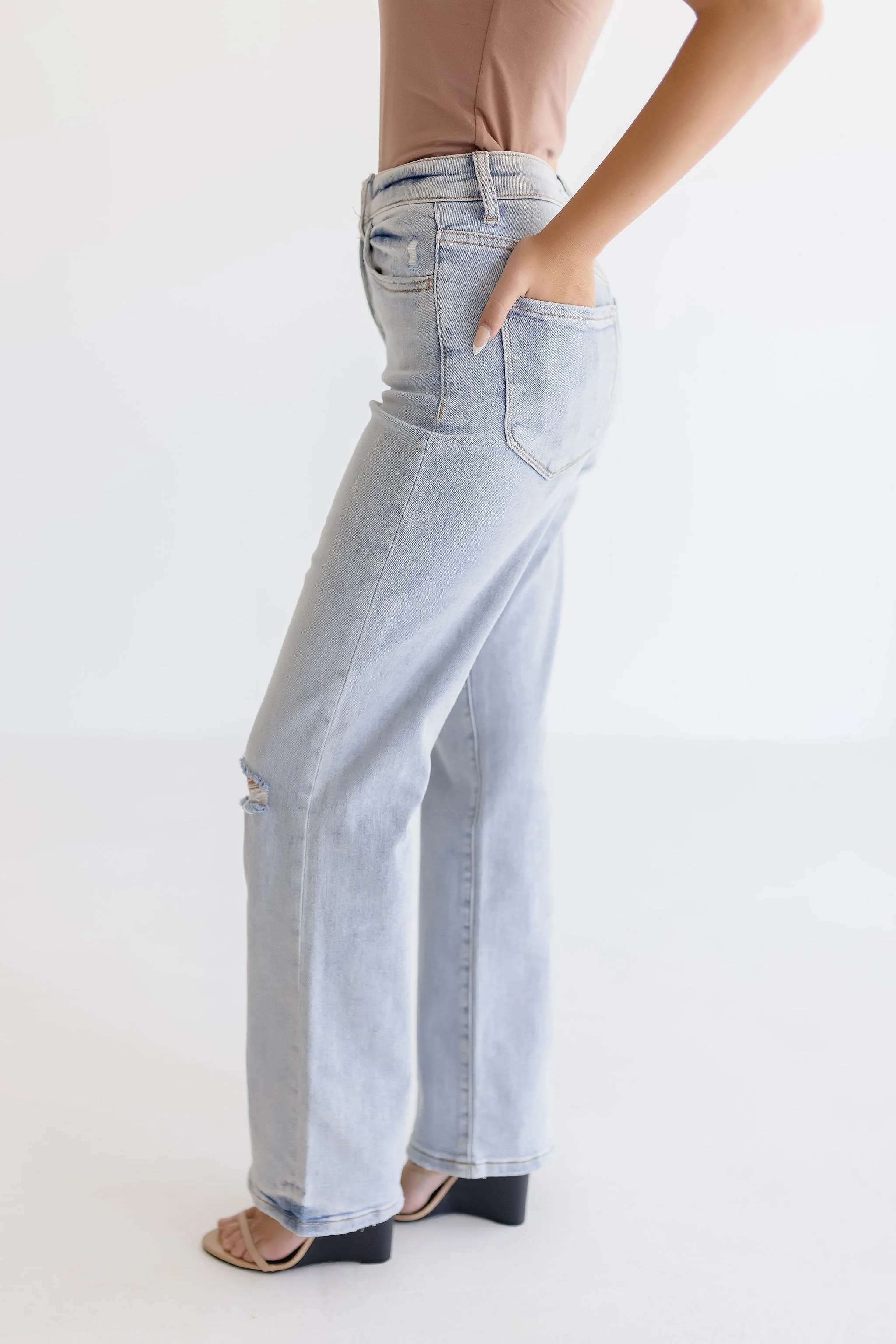 Alana High Rise Distressed Flare Leg Jeans Light Wash