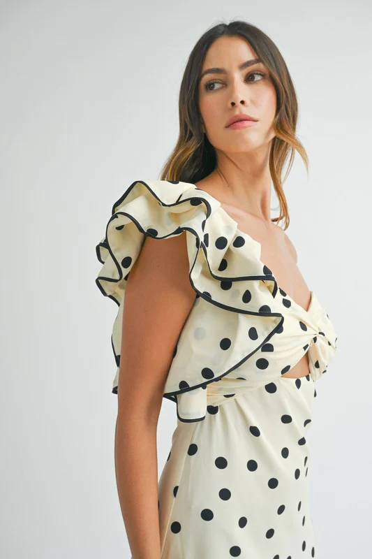 Monique One Shoulder Polka Dot Print Maxi Dress Cream