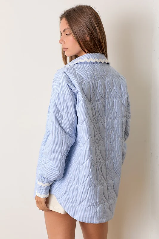 Waitlist 10/2 ♥ Caylee Long Sleeve Stripe Print Button Down Quilted Jacket Blue