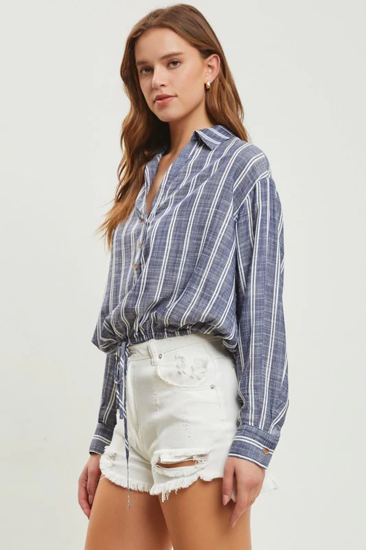 Colleen Long Sleeve Drawstring Stripe Print Top Blue
