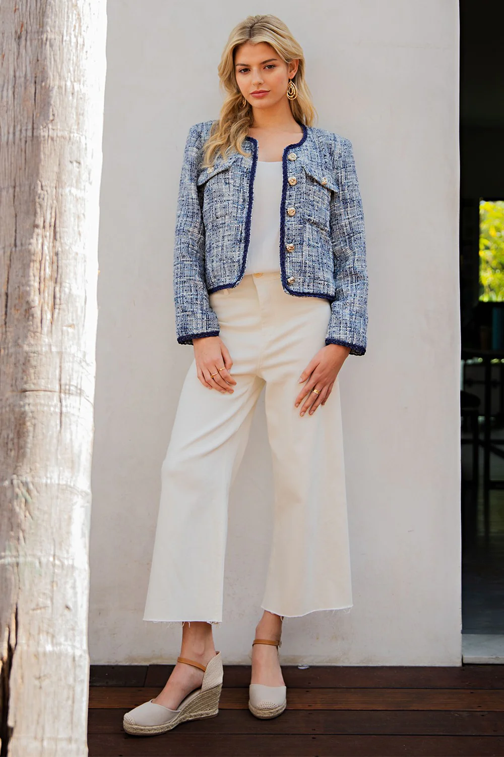 Steph Long Sleeve Tweed Button Down Jacket Blue