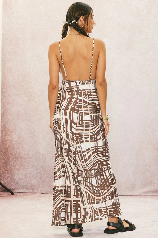 Simone Sleeveless Abstract Print Maxi Dress Brown