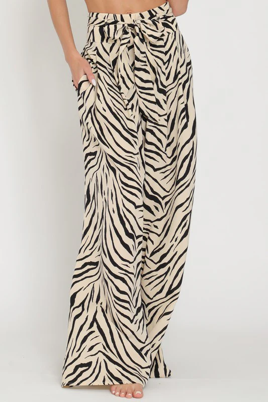 Waitlist 8/30 ♥ Alex High Waist Tie Zebra Print Wide Leg Pants Beige