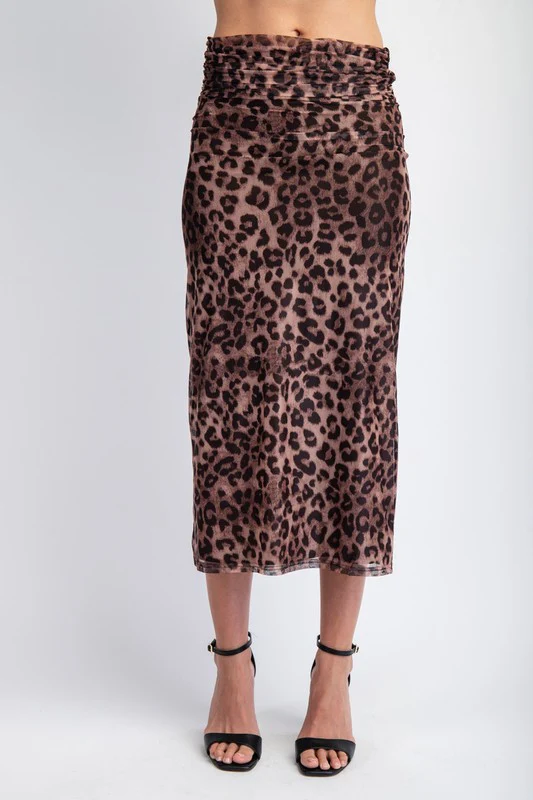 Angela Leopard Print Mesh Midi Skirt Brown