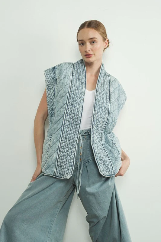 Kay Sleeveless Oversized Open Front Quilted Denim Vest Blue