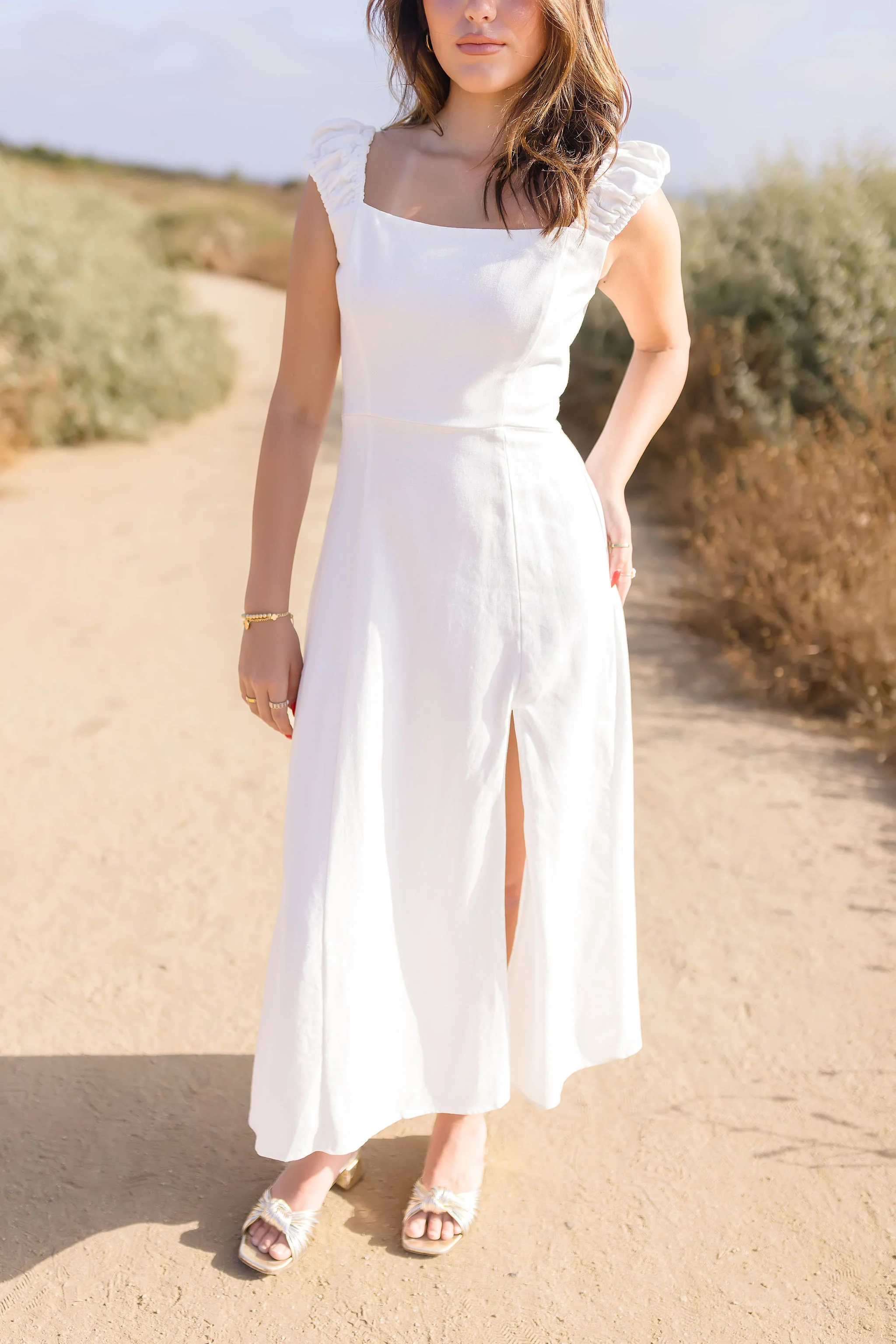 Alexandra Cap Sleeve Linen Midi Dress White