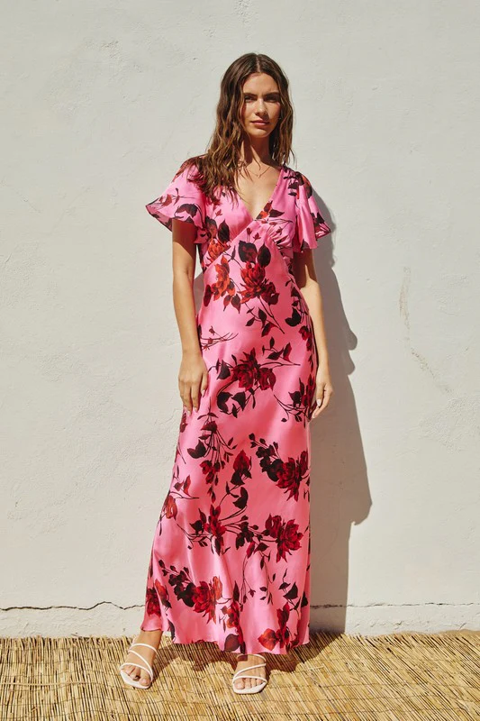 Carol Short Flutter Sleeve Floral Print Maxi Dress Pink