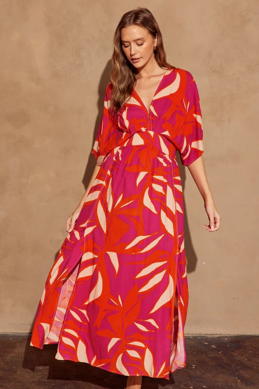 Amberlynn Kimono Sleeve Tropical Print Maxi Dress Fuchsia