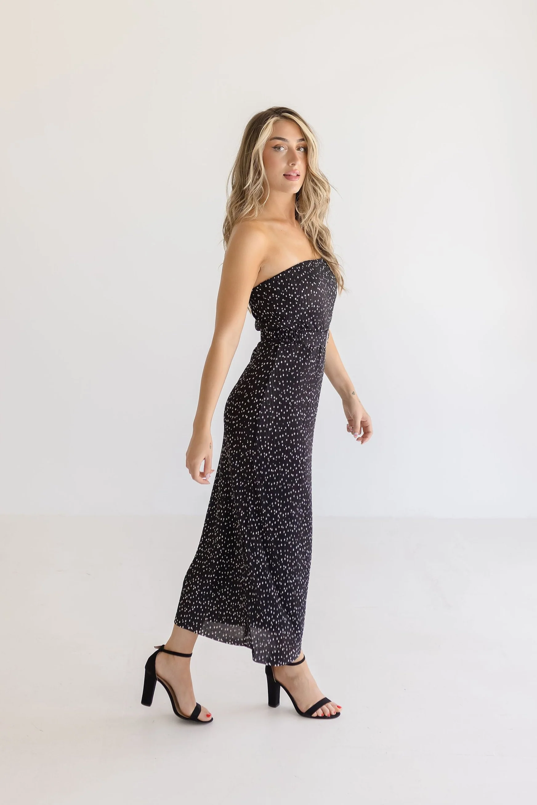 Tinsley Sleeveless Belted Polka Dot Print Midi Dress Black