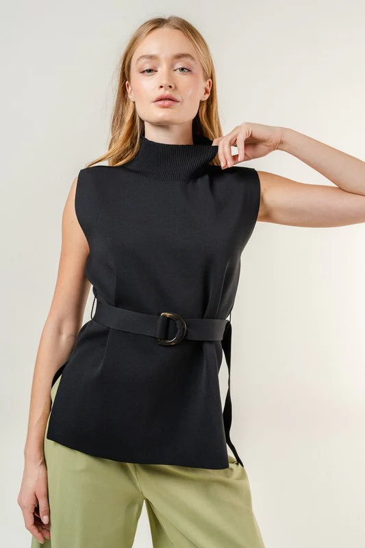 Holland Sleeveless Mock Neck Belted Top Black