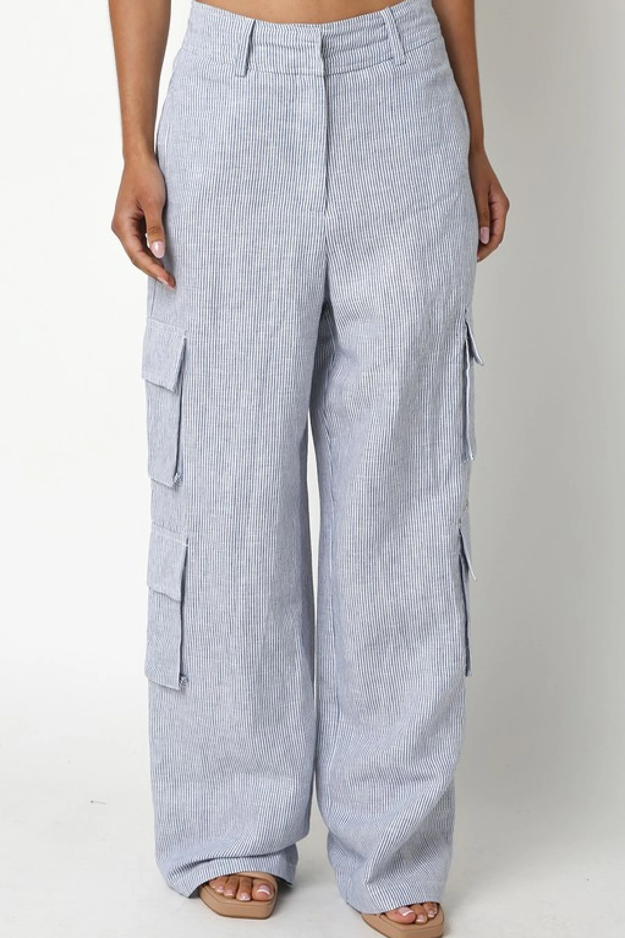 Elliott Stripe Print Wide Leg Linen Cargo Pants Blue