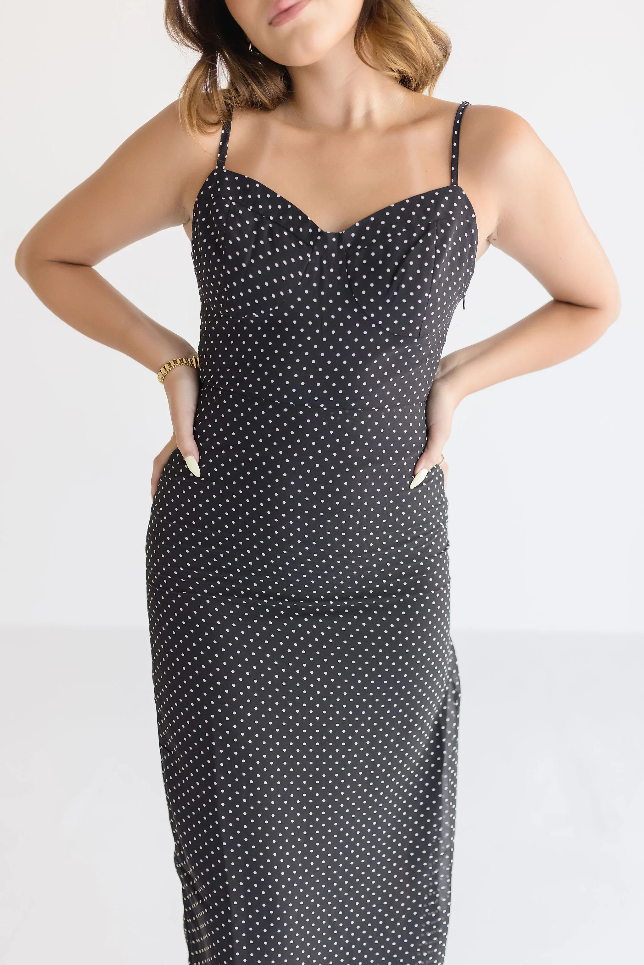 Eden Sleeveless Polka Dot Print Midi Dress Black