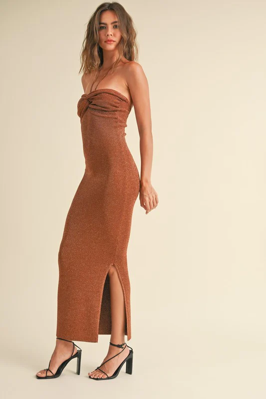Waitlist 8/31 ♥ Dani Sleeveless Halter Tie Knit Maxi Dress Brown