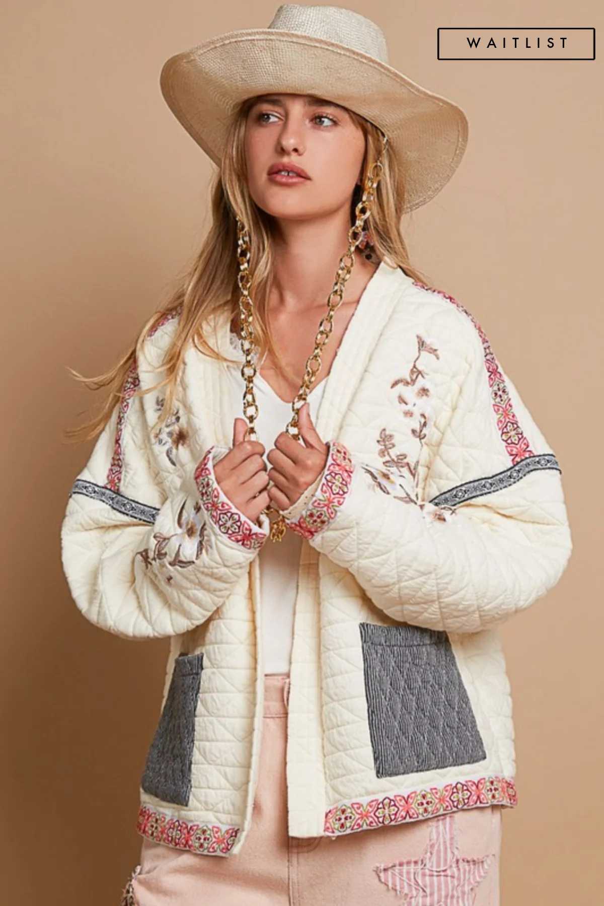 Waitlist 9/8 ♥ Farrah Long Sleeve Embroidered Quilted Jacket Cream