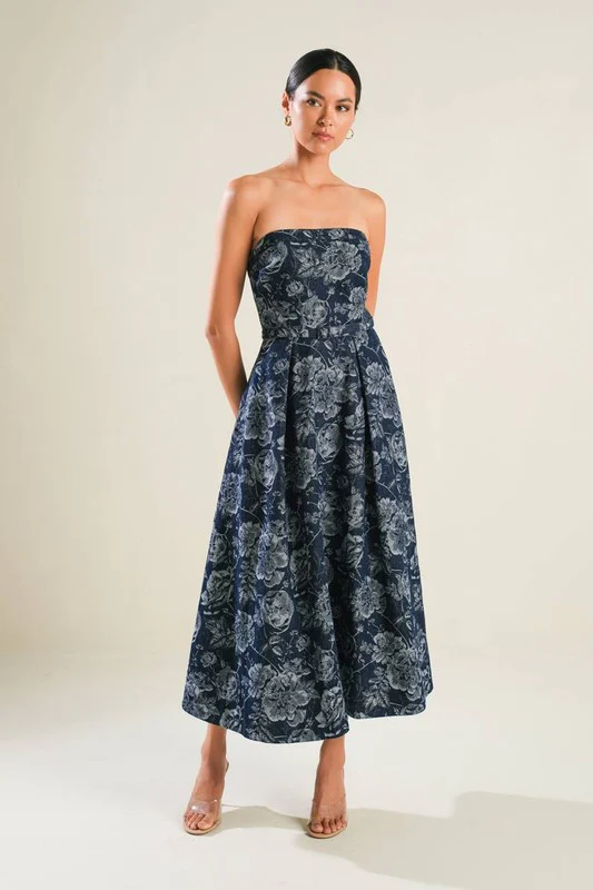 Waitlist 10/25 ♥ Florence Sleeveless Floral Print Belted Denim Midi Dress Blue