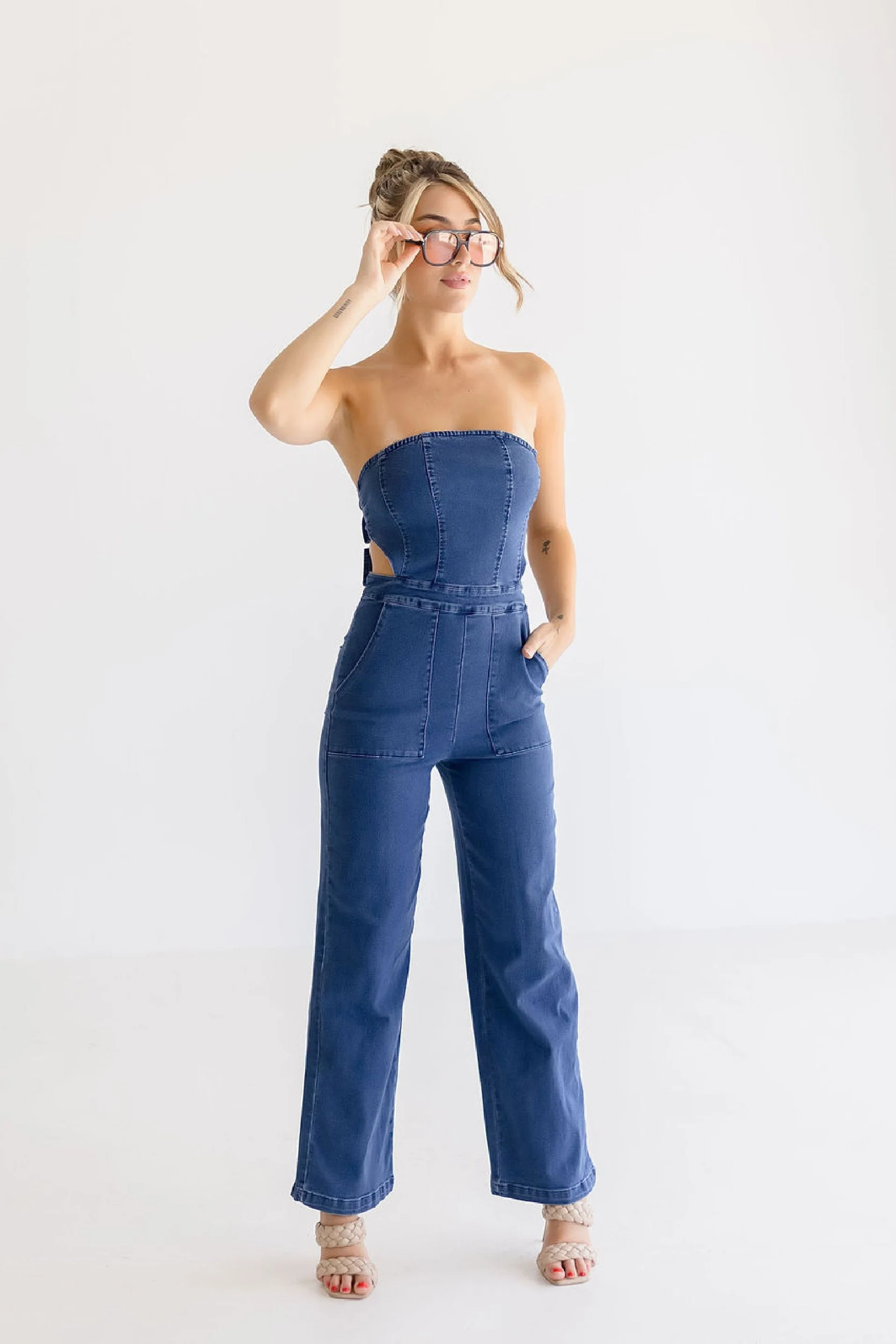 Charli Sleeveless Back Tie Wide Leg Denim Jumpsuit Dark Wash