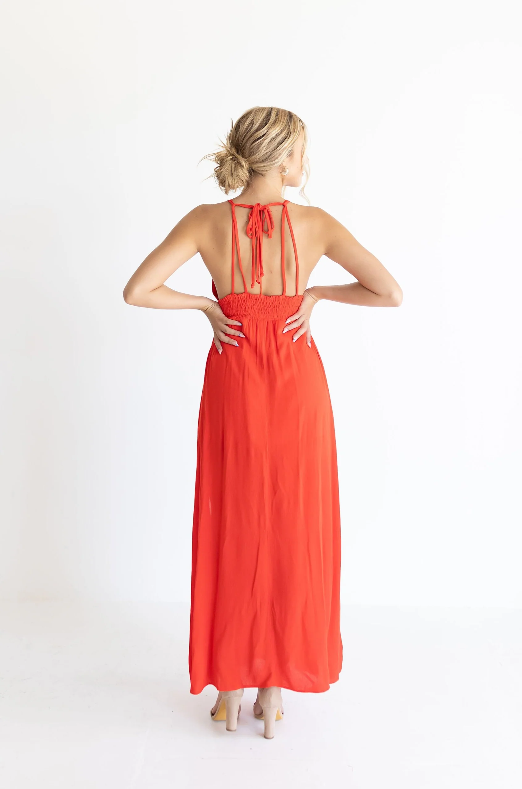 Astrid Open Back Halter Tie Maxi Dress Red