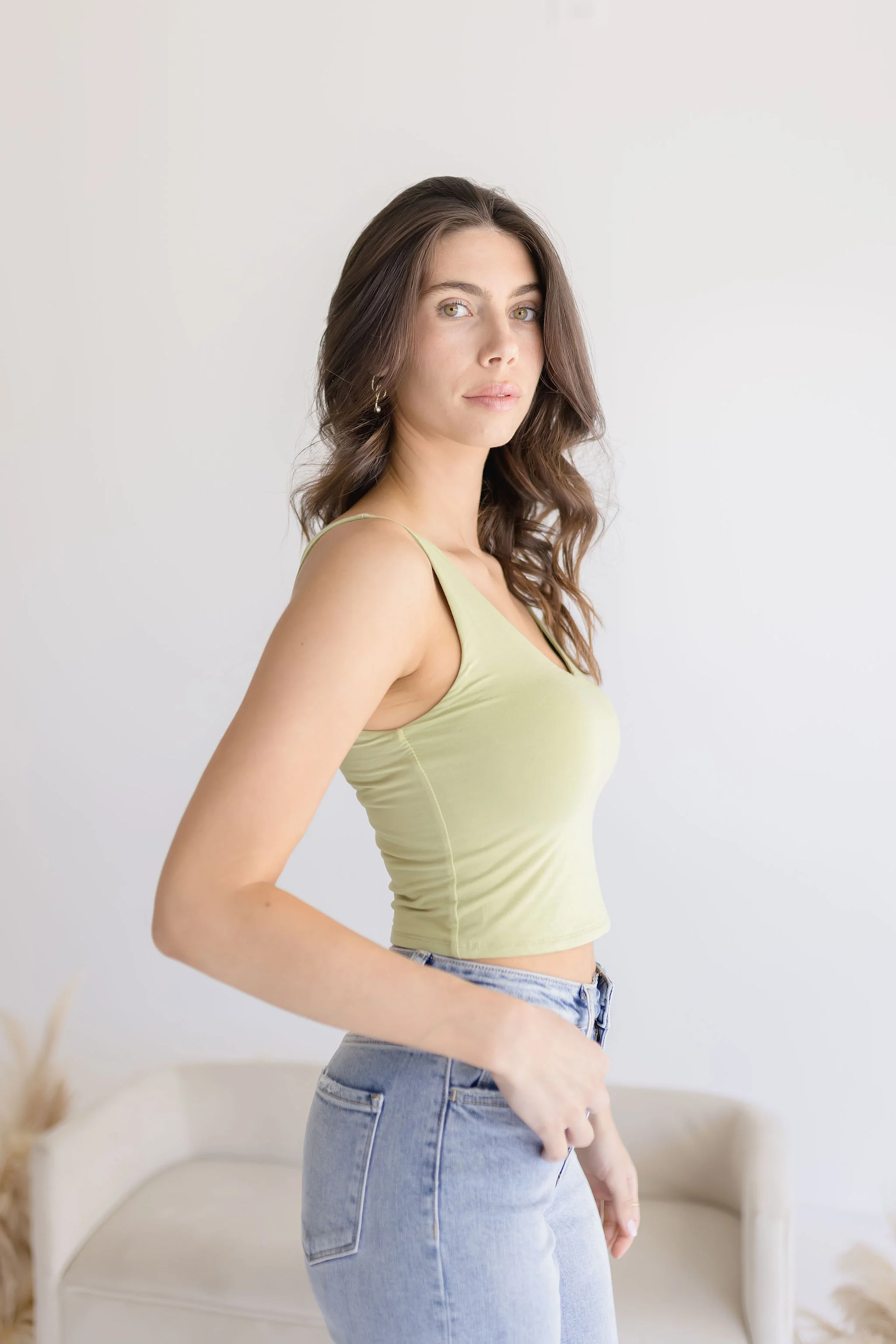 Leighton Sleeveless V Neck Crop Top Green