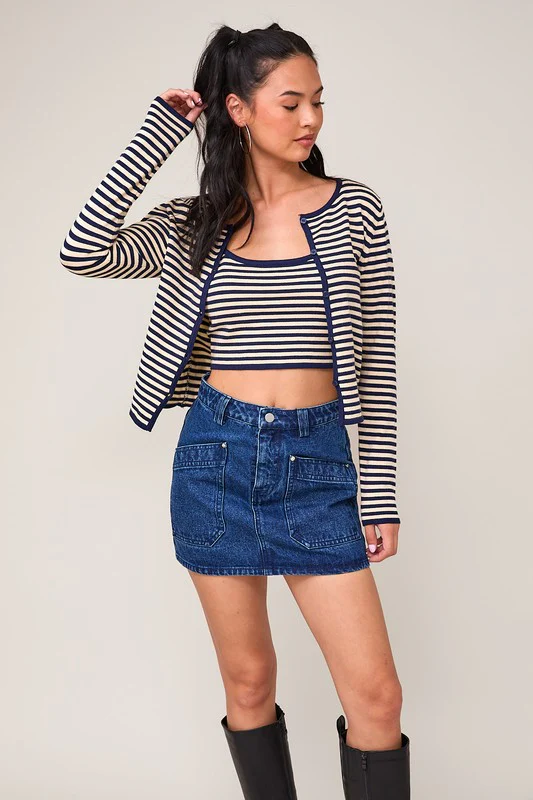 Megan Striped Print Cami And Cardigan Set Navy