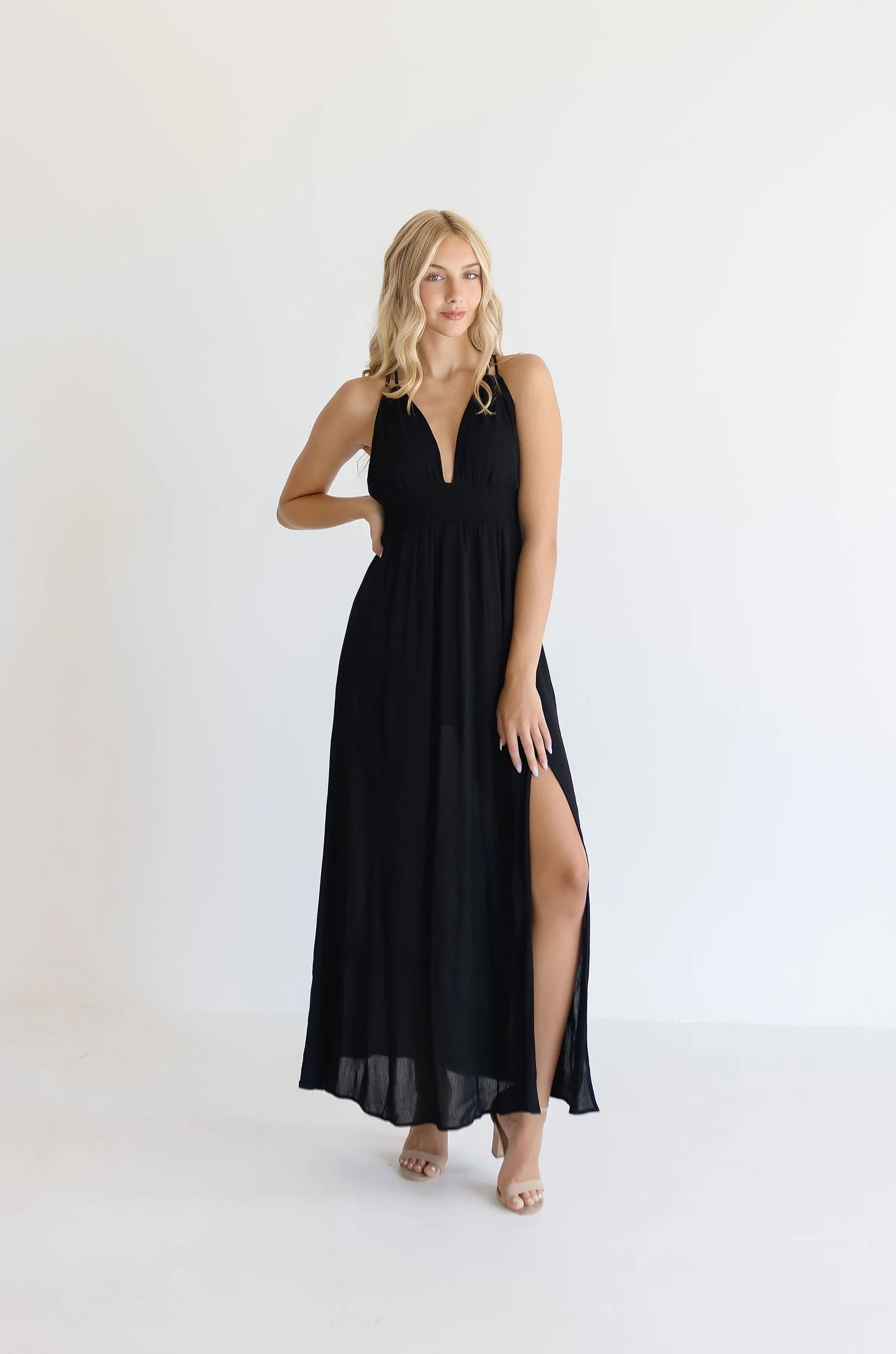 Astrid Open Back Halter Tie Maxi Dress Black