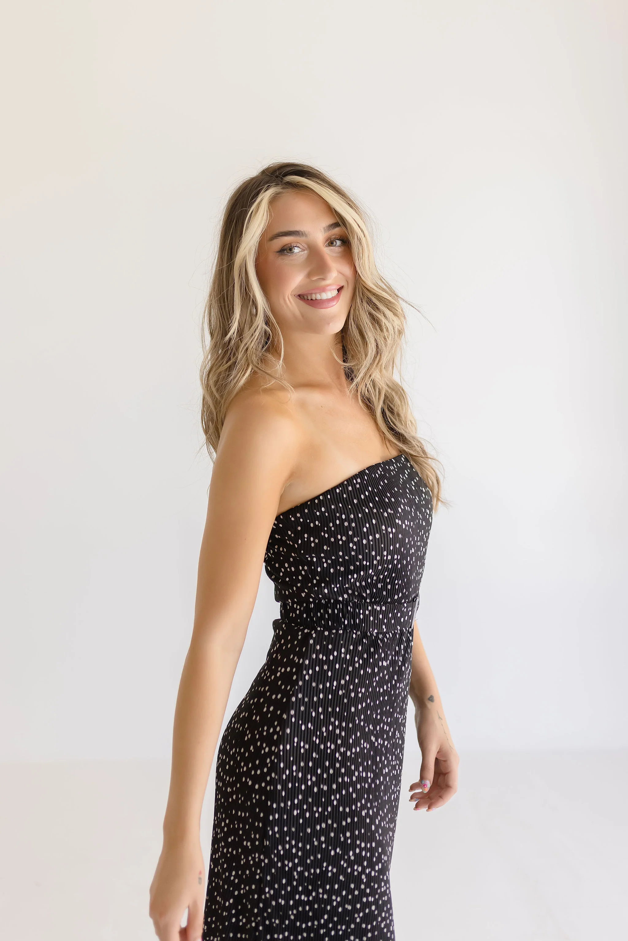 Tinsley Sleeveless Belted Polka Dot Print Midi Dress Black