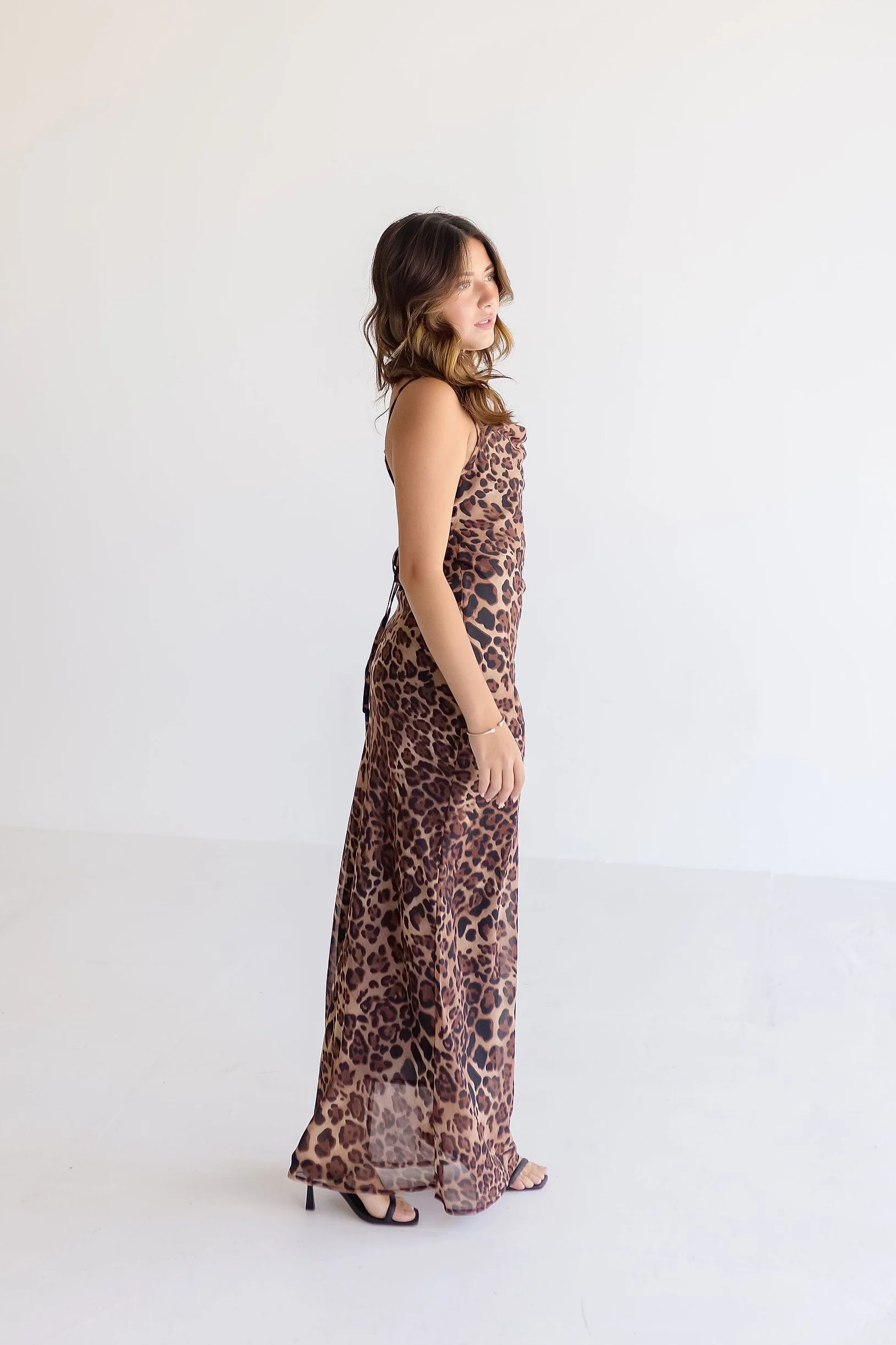 Rebecca Sleeveless Cowl Neck Leopard Print Midi Dress Brown