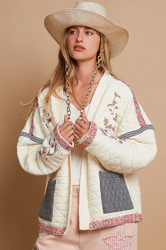 Waitlist 9/8 ♥ Farrah Long Sleeve Embroidered Quilted Jacket Cream