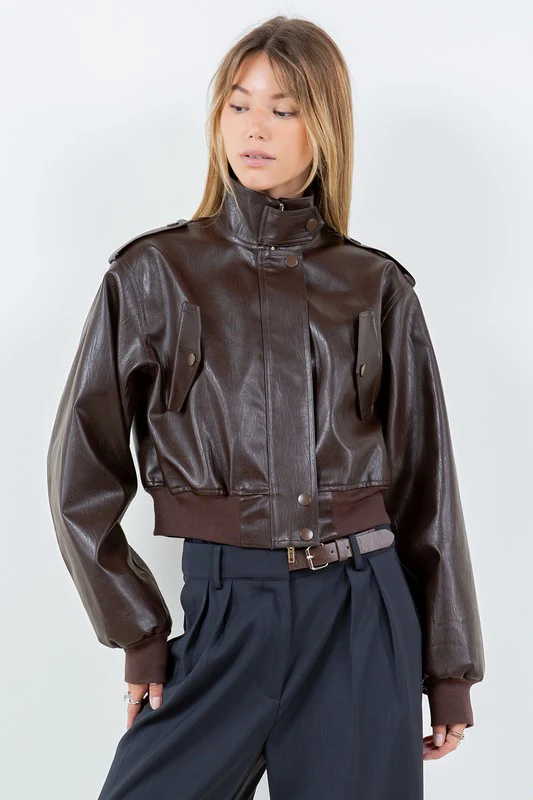Waitlist 9/30 ♥ Aria Vegan Leather Cropped Bomber Jacket Brown