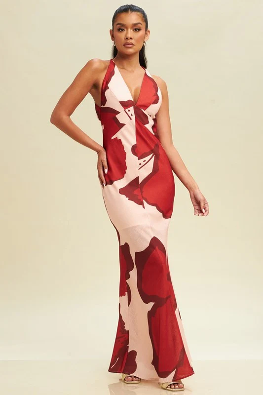 Isadora Sleeveless Cross Back Floral Print Maxi Dress Red