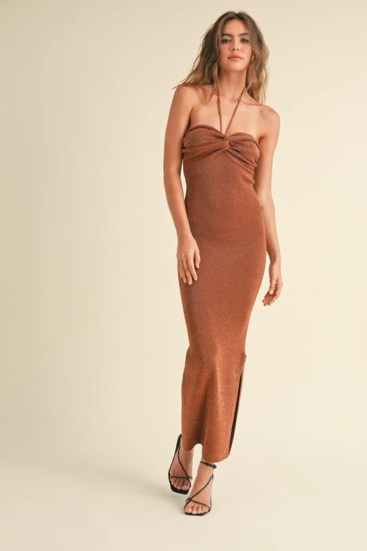 Waitlist 8/31 ♥ Dani Sleeveless Halter Tie Knit Maxi Dress Brown