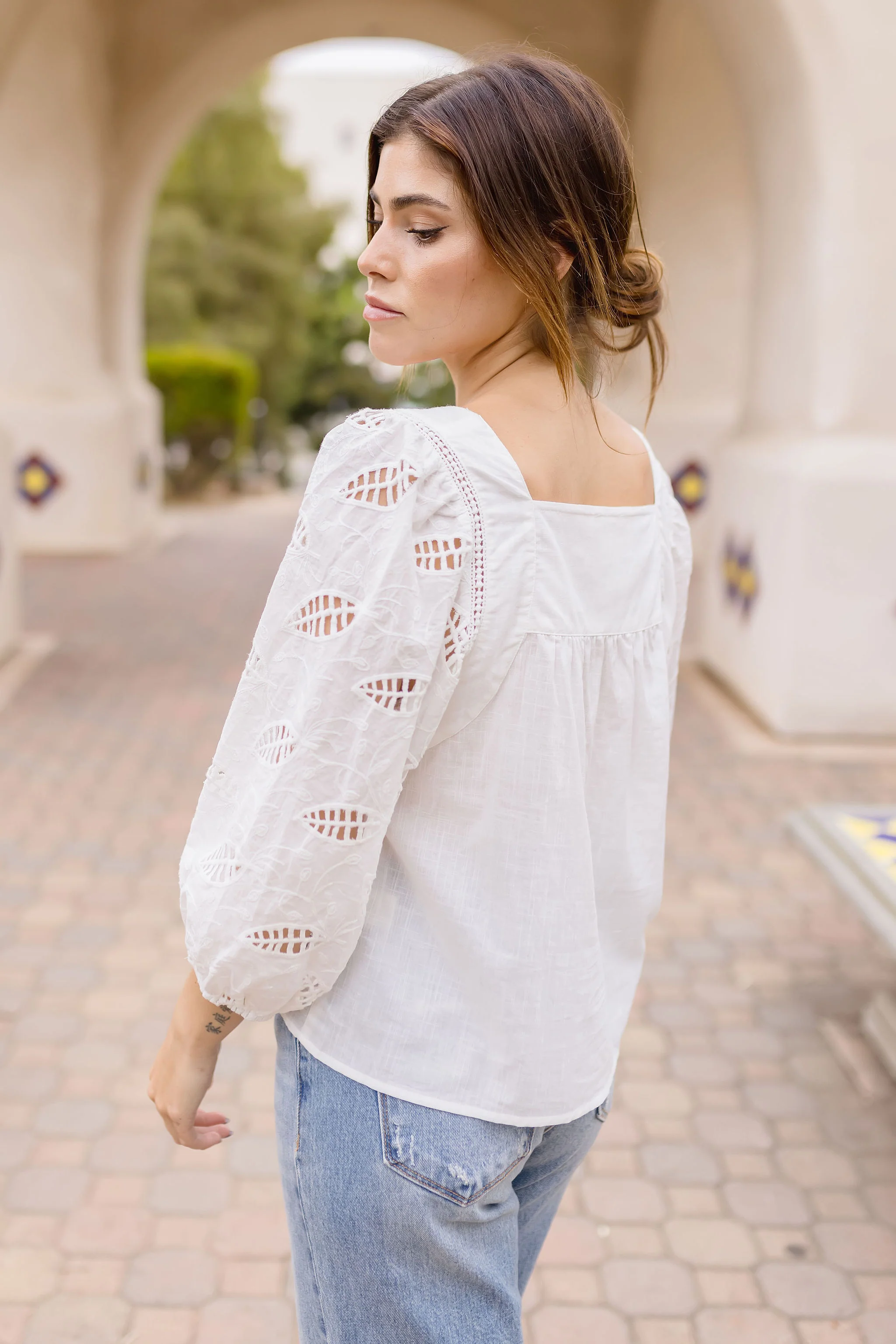 Abbott 3/4 Sleeve Embroidered Top White
