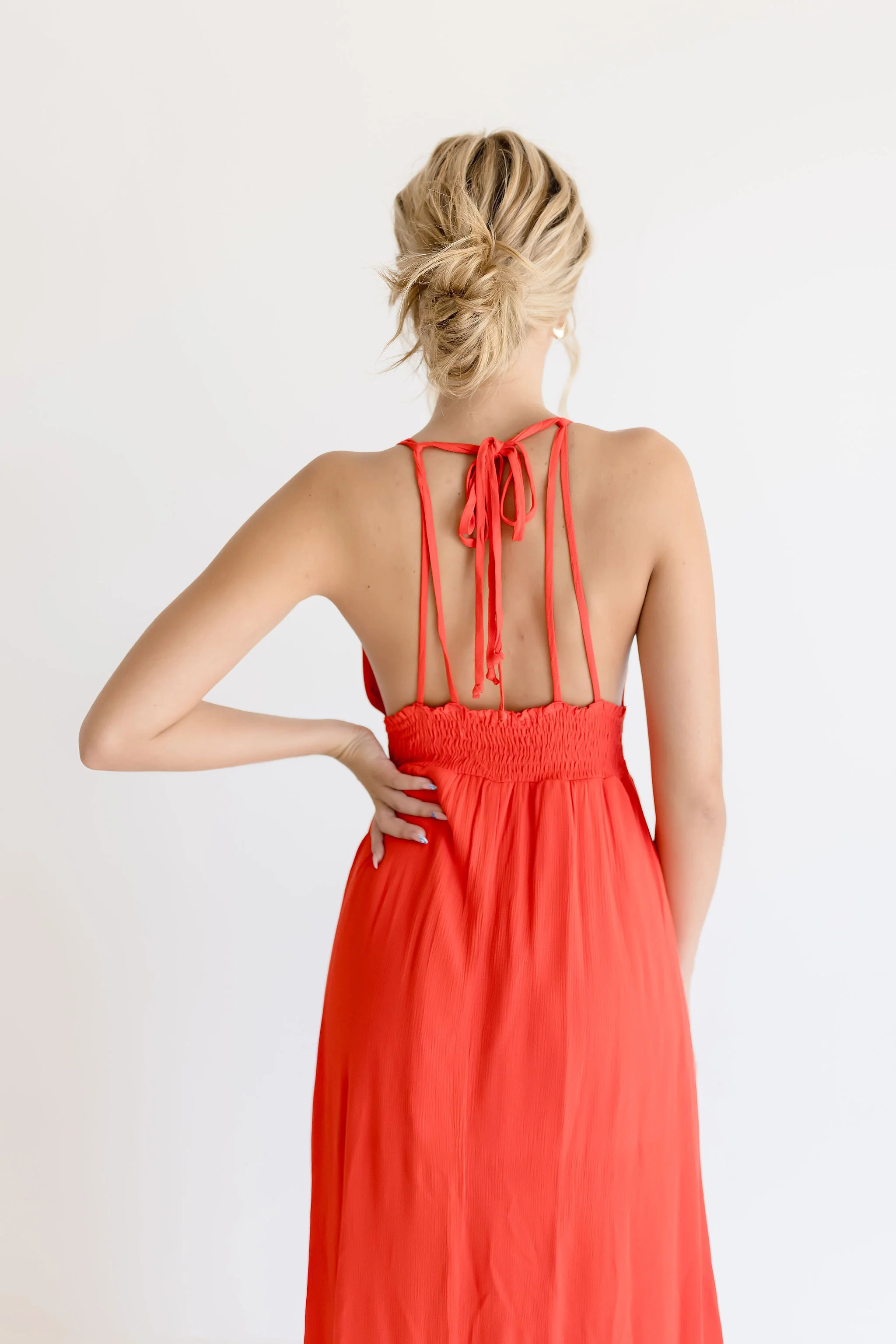 Astrid Open Back Halter Tie Maxi Dress Red