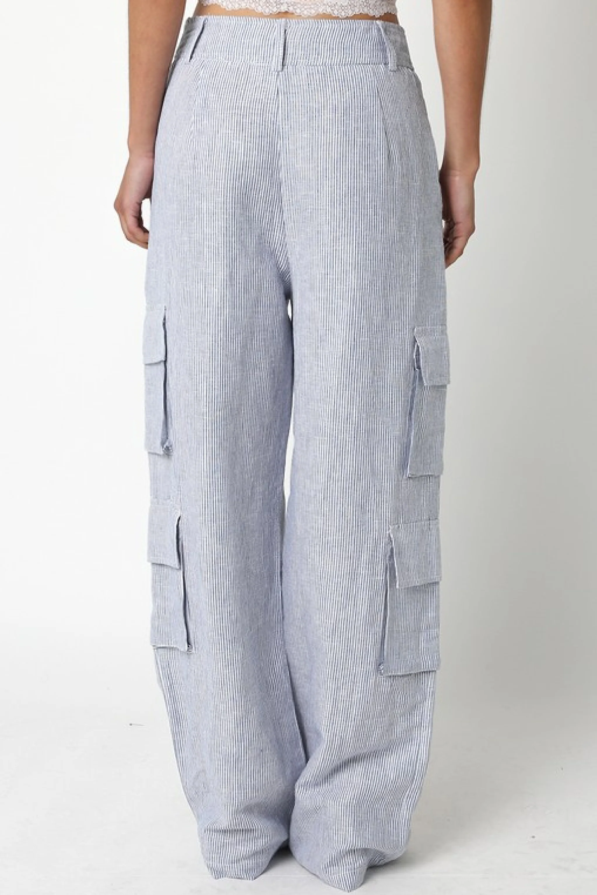 Elliott Stripe Print Wide Leg Linen Cargo Pants Blue