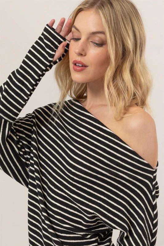 Carla Long Sleeve One Shoulder Striped Sweater Top Black