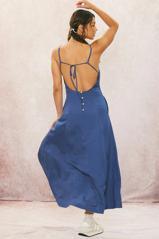 Britton Sleeveless Open Back Linen Maxi Dress Navy