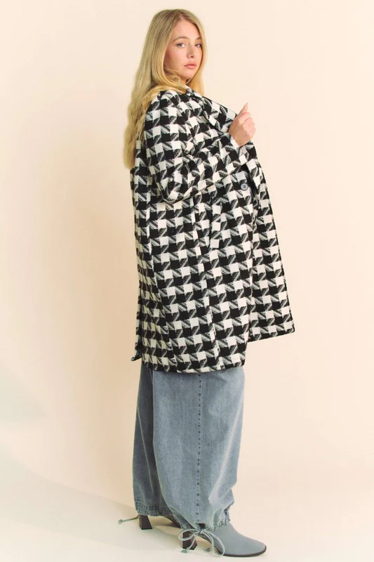 Watilist 9/18 ♥ Madison Long Sleeve Houndstooth Print Tweed Coat Black