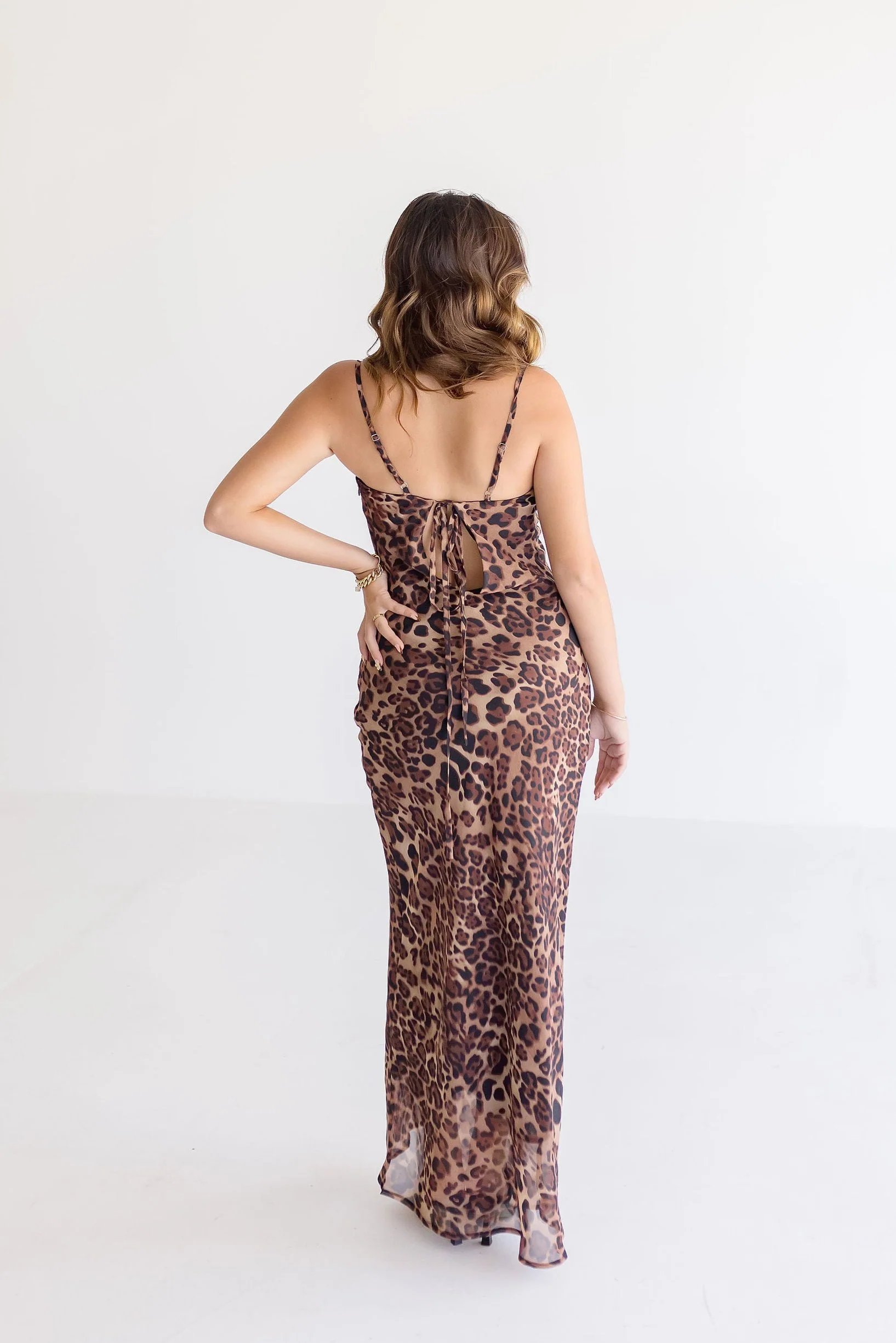 Rebecca Sleeveless Cowl Neck Leopard Print Midi Dress Brown